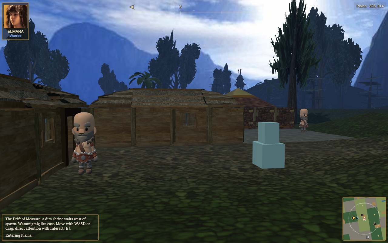 Pella and Marn outside the timber buildings of Migtrabu